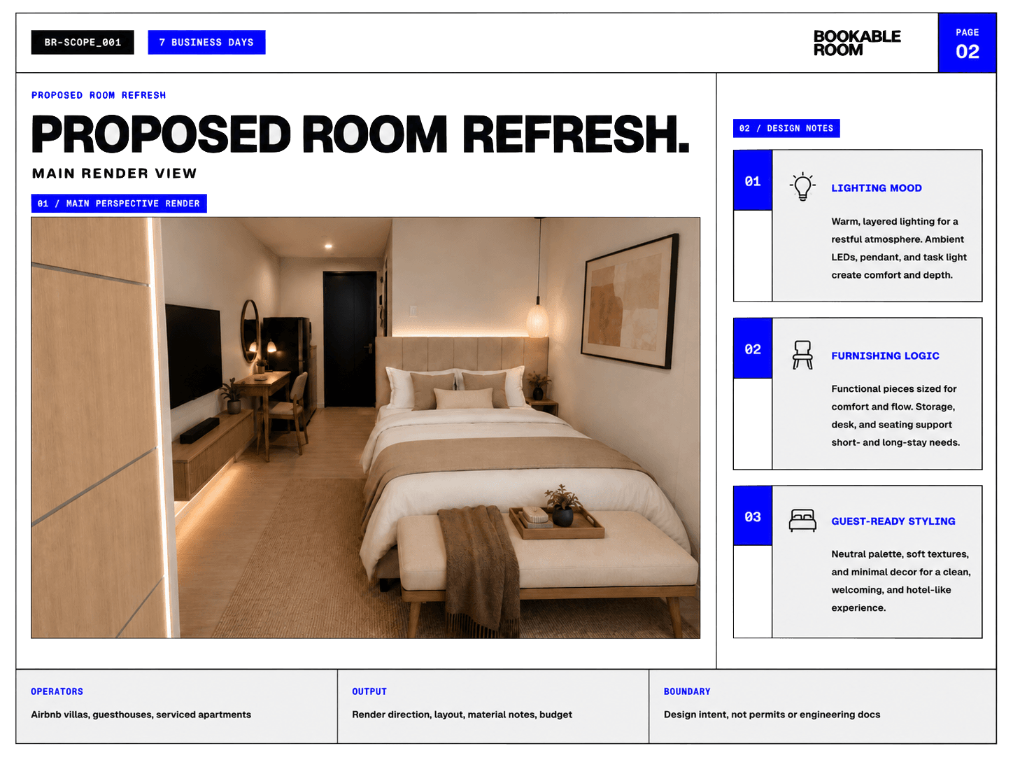Bookable Room proposed room refresh sheet showing the main render view and design notes.