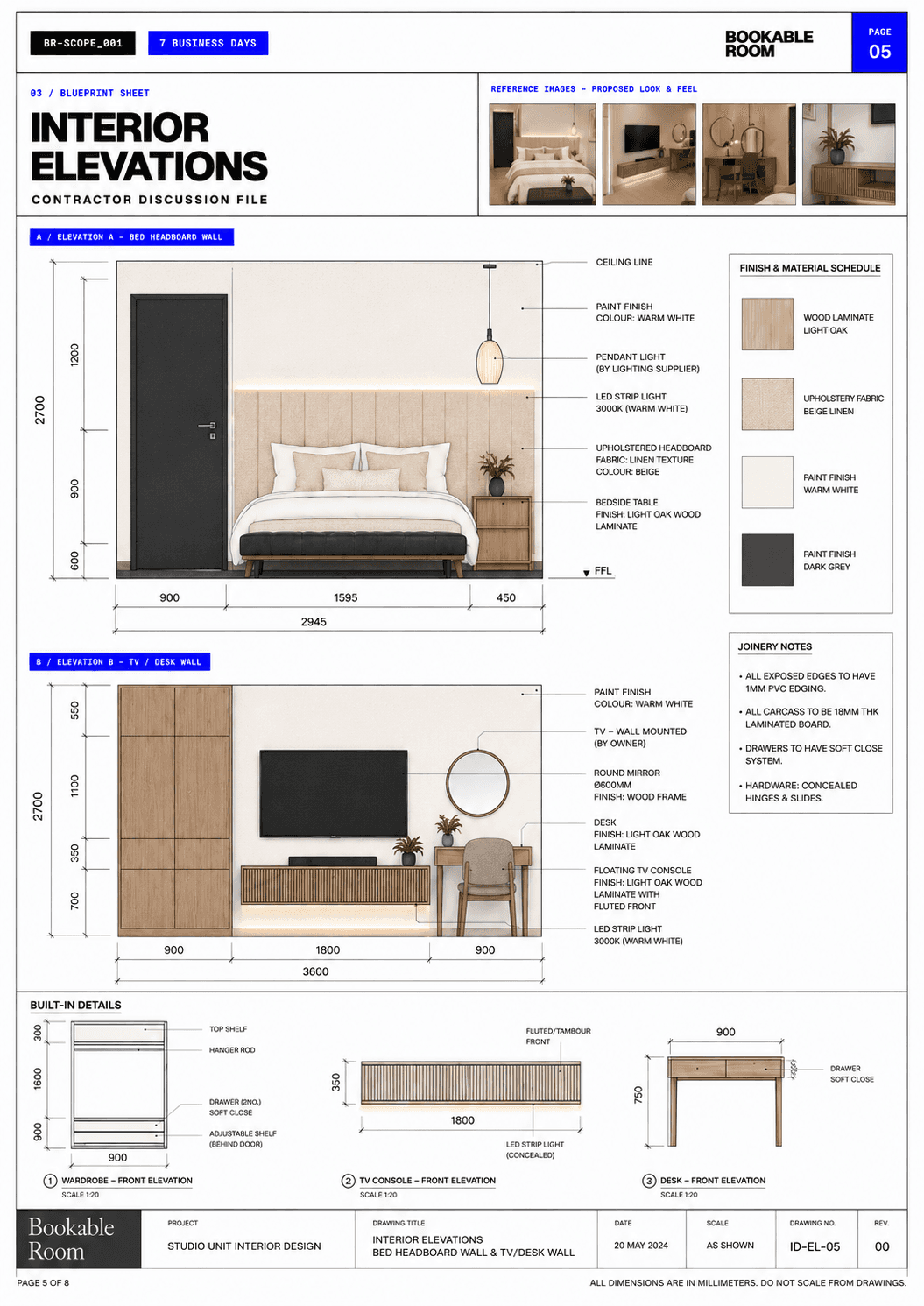 Bookable Room interior elevations sheet with bed wall, TV desk wall, built-in details, and material schedule.