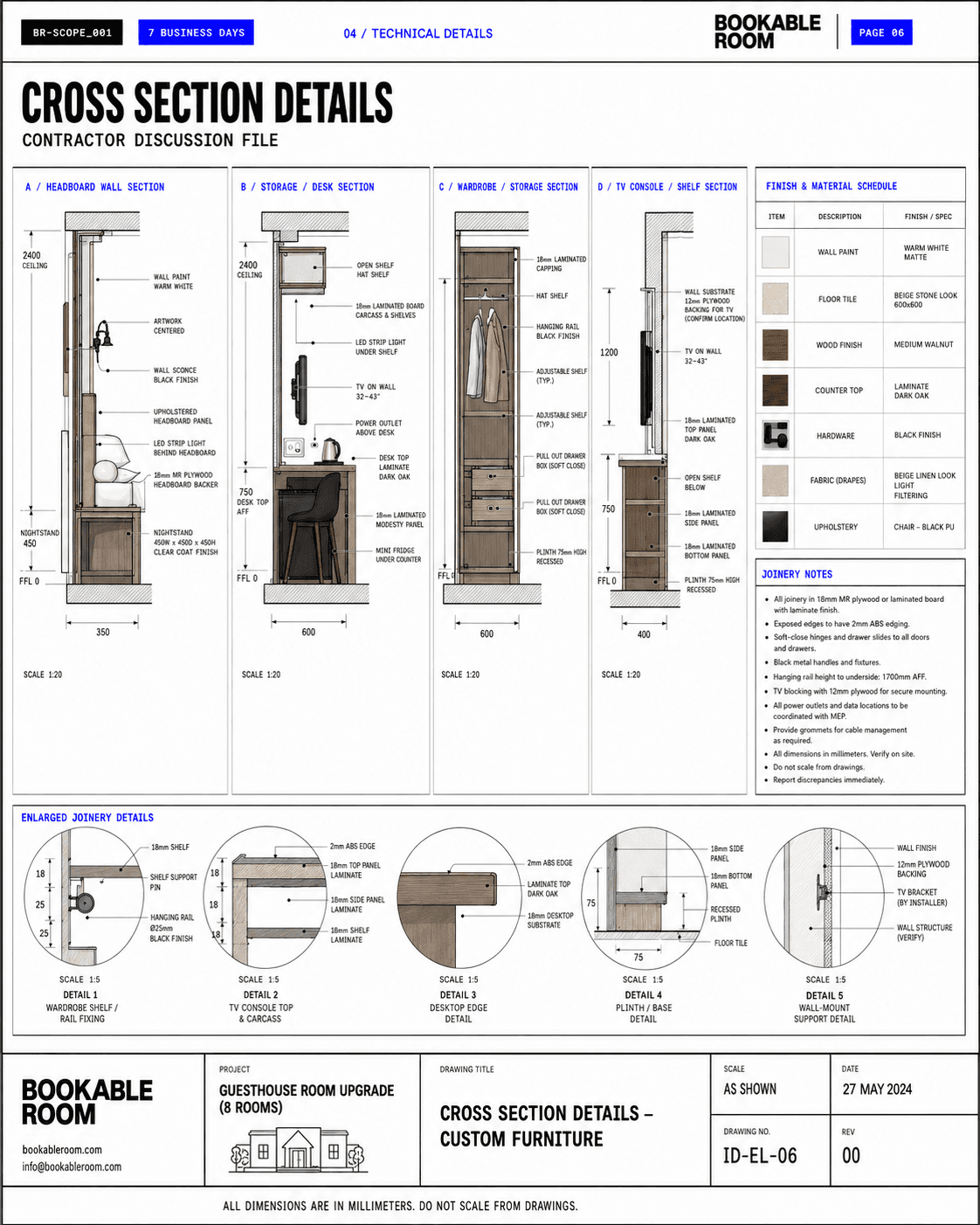 Bookable Room cross section details sheet showing custom furniture sections, material schedule, and joinery notes.