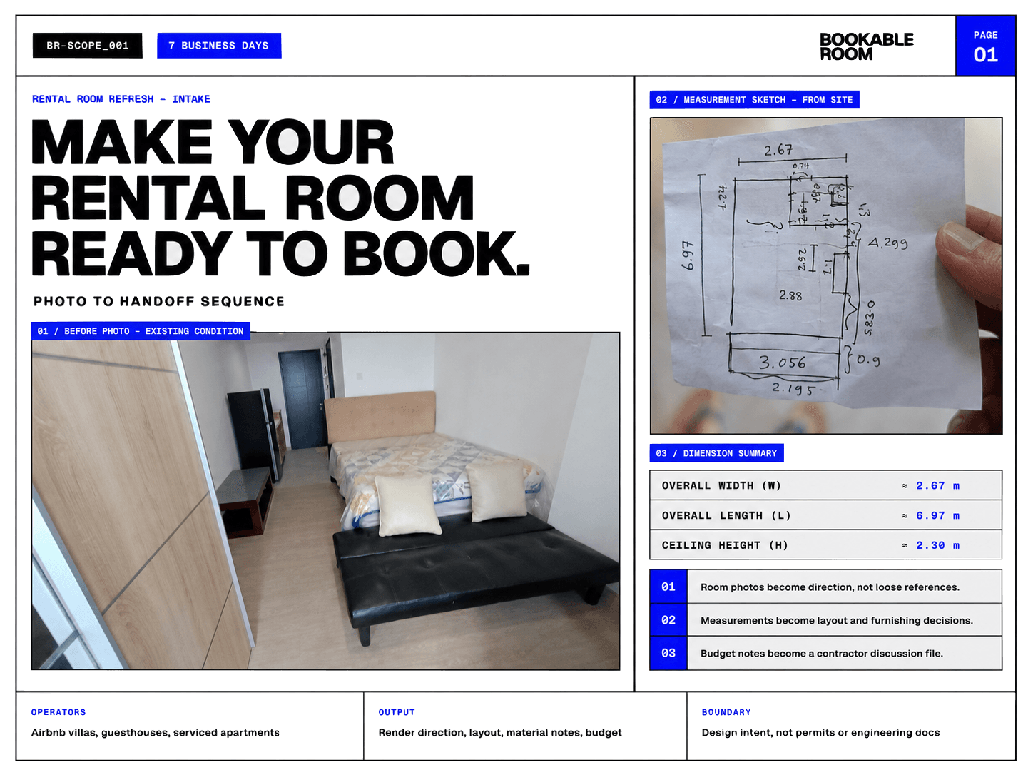 Rental apartment room intake sheet with existing room photo, measurement sketch, dimension summary, output, and boundary notes.
