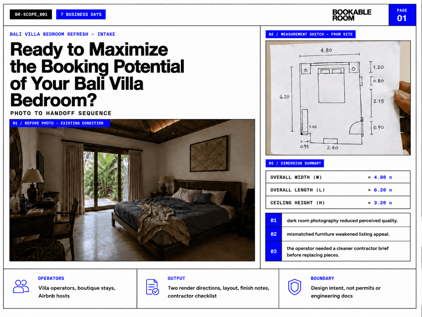 Bali villa bedroom intake sheet with existing room photo, measurement sketch, dimension summary, output, and boundary notes.